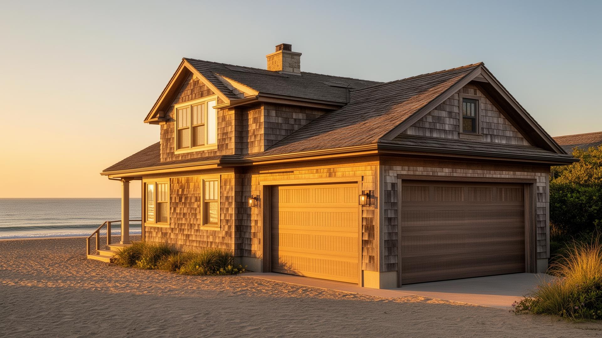 Beautiful coastal home with horizontal panel garage doors at golden hour